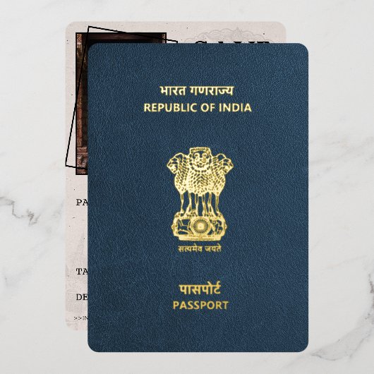 Navy Blue India Passport Bewaar de datum Folie Uitnodiging (Voorkant / Achterkant)