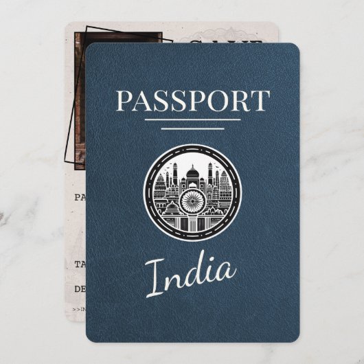 Navy Blue India Passport Bewaar de datum Save The Date (Voorkant / Achterkant)