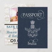 Navy Blue India Passport Save the Date Card (Voorkant / Achterkant)