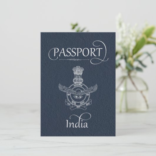 Navy Blue India Passport Save the Date Card (Staand voorkant)