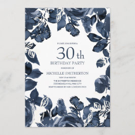Navy Blue Indigo Bladeren 30e Verjaardag Kaart