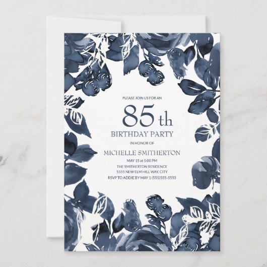 Navy Blue Indigo Bladeren 85e Verjaardag Kaart (Voorkant)