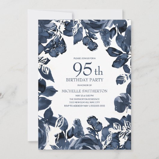 Navy Blue Indigo Bladeren 95e Verjaardag Kaart (Voorkant)