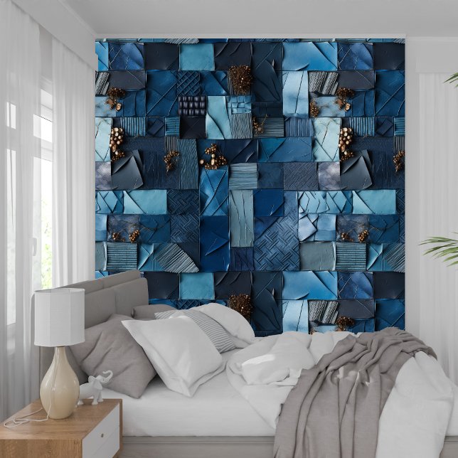 Navy Blue Indigo Collage Papier Textuur Behang (navy blue indigo collage paper texture wallpaper)