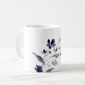 Navy blue indigo floral flower waterverf koffiemok (Voorkant links)