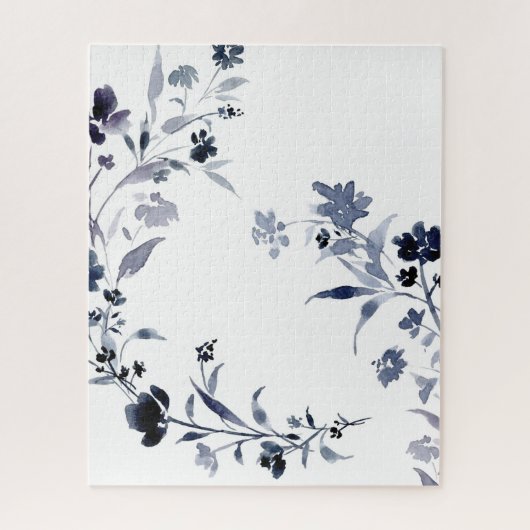 Navy blue indigo floral flower waterverf legpuzzel (Verticaal)