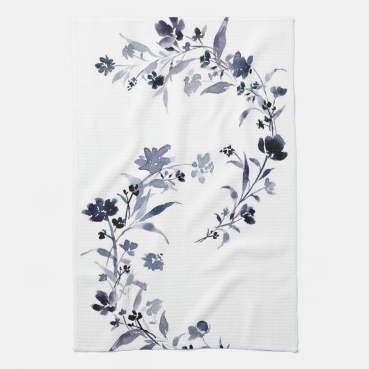Navy blue indigo floral flower waterverf theedoek (Verticaal)