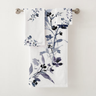 Navy blue indigo floral flower waterverf Towel Bad Handdoek