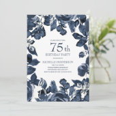 Navy Blue Indigo Leaves 75th Birthday Kaart (Staand voorkant)