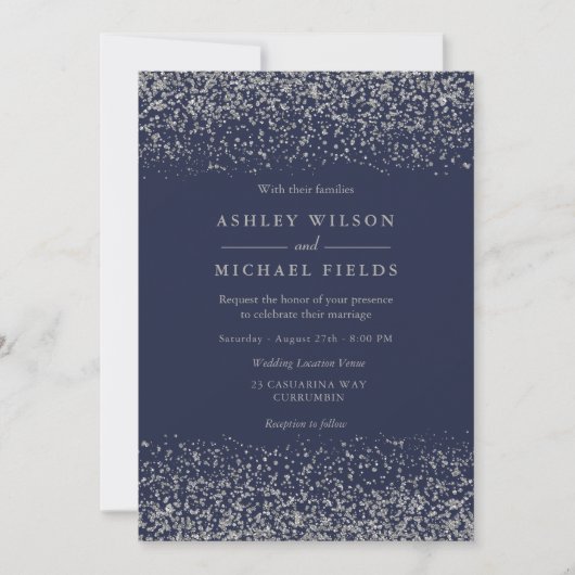 Navy Blue Indigo Silver Glitter Modern Wedding Kaart (Voorkant)