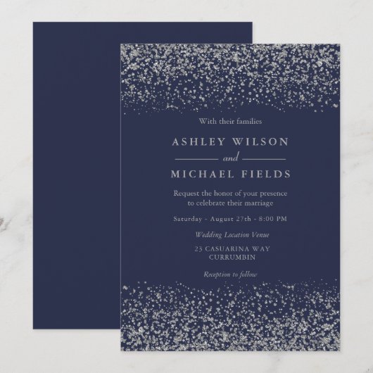 Navy Blue Indigo Silver Glitter Modern Wedding Kaart (Voorkant / Achterkant)