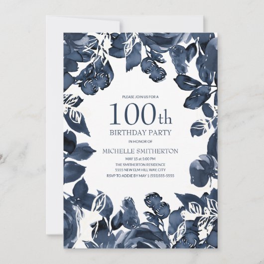 Navy Blue Indigo verlaat 100th Birthday Kaart (Voorkant)