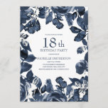 Navy Blue Indigo verlaat 18th Birthday Kaart<br><div class="desc">Navy blue/indigo bladeren en floral op uitnodiging van het witte 18e verjaardagsfeest. Neem contact met ons op voor hulp bij het aanpassen of aanpassen van producten.</div>