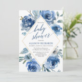 Navy blue indigo waterverf floral boy baby shower kaart (Staand voorkant)