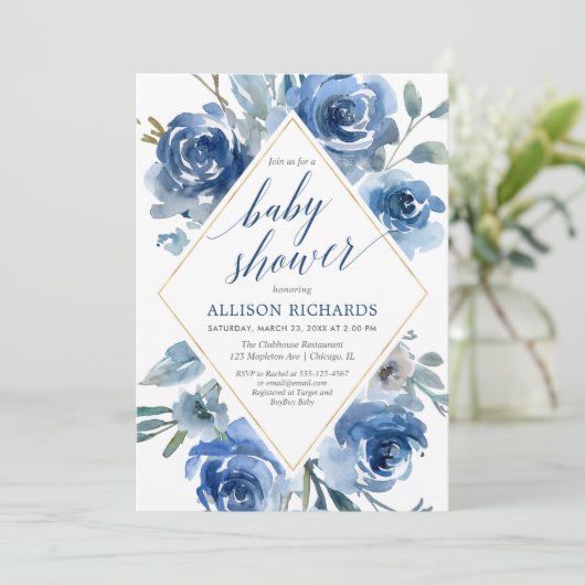 Navy blue indigo waterverf floral boy baby shower kaart (Staand voorkant)