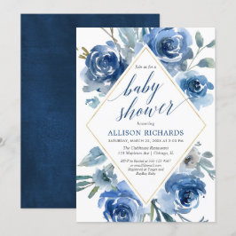 Navy blue indigo waterverf floral boy baby shower kaart