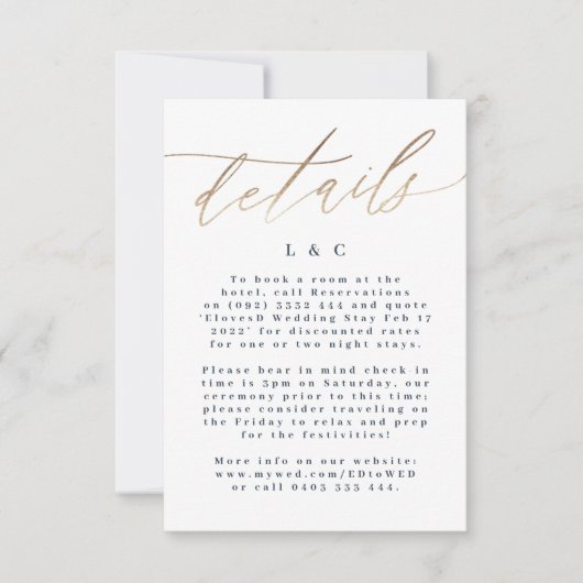 Navy Blue Info Accommododatie Gold Wedding RSVP Kaartje (Voorkant)