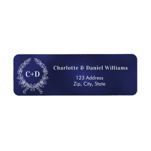 Navy Blue initialen krans bruiloft retour adres Etiket (Voorkant)