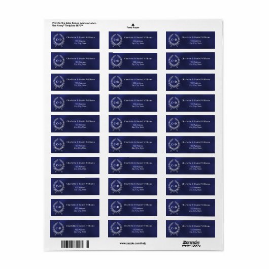 Navy Blue initialen krans bruiloft retour adres Etiket (Full Sheet)