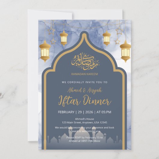 Navy Blue Ink & Gold Frame Iftar Invitation Kaart (Voorkant)