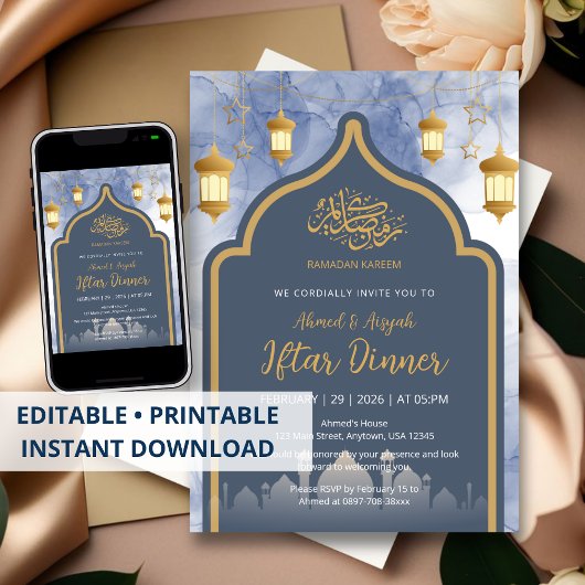 Navy Blue Ink & Gold Frame Iftar Invitation Kaart