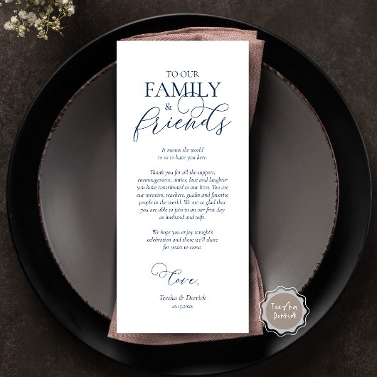 Navy Blue, inwendige plaatsinstelling Hartelijk da Programmakaart