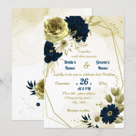 Navy blue iory gold florale geometrische bruiloft kaart