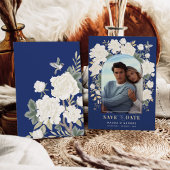 Navy Blue Ivory Chinoiserie Floral Save the Date Kaart