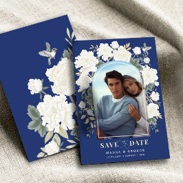 Navy Blue Ivory Chinoiserie Floral Save the Date Kaart