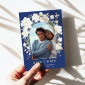 Navy Blue Ivory Chinoiserie Floral Save the Date Kaart