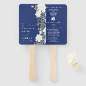 Navy Blue Ivory Chinoiserie Trouwprogramma Handwaaier (Voorkant en achterkant)