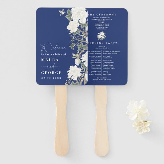 Navy Blue Ivory Chinoiserie Trouwprogramma Handwaaier (Voorkant en achterkant)