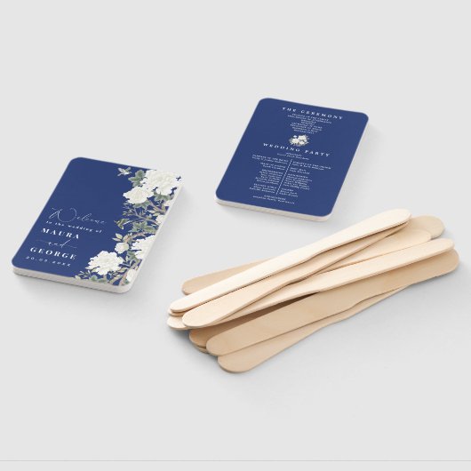 Navy Blue Ivory Chinoiserie Trouwprogramma Handwaaier (Niet-gemonteerd)
