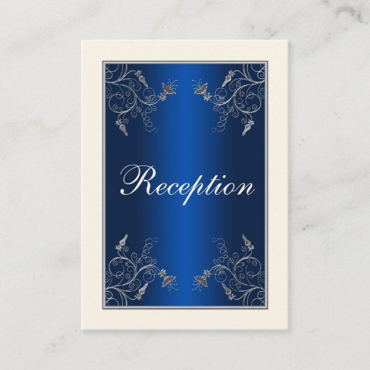 Navy Blue, Ivory en Silver Floral Enclosure Kaart (Voorkant)