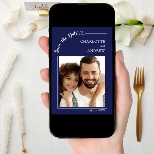 Navy blue ivory photo wedding Save the Date