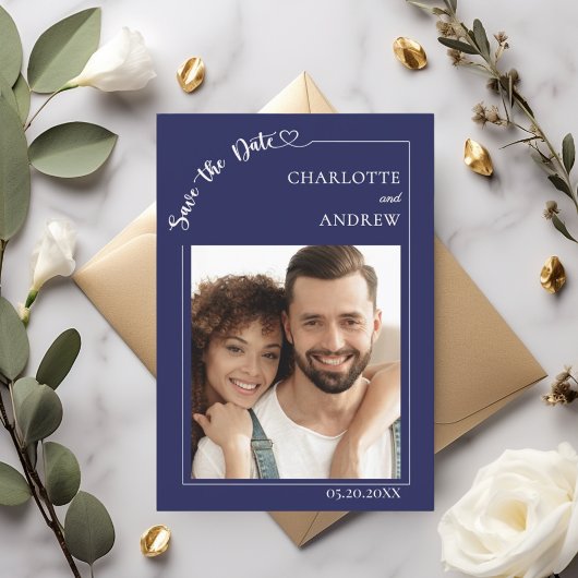 Navy blue ivory photo wedding Save the Date
