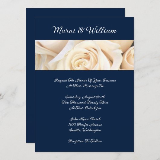 Navy Blue Ivory Rozen Weddenschap Kaart (Voorkant / Achterkant)