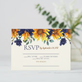 Navy Blue Ivory Rustic Country Sunflower RSVP Kaart (Staand voorkant)