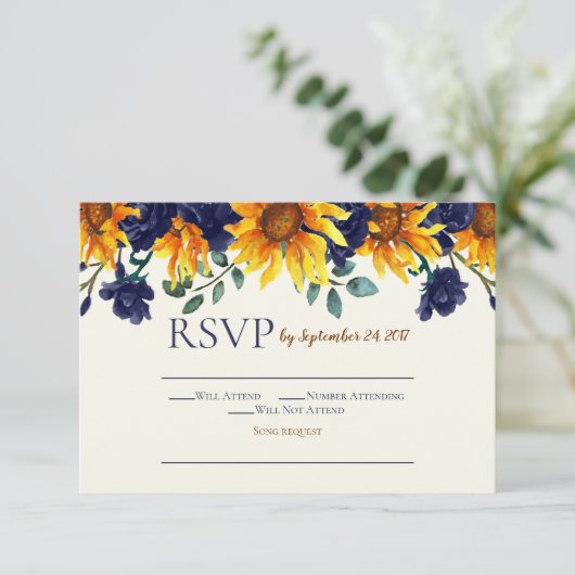 Navy Blue Ivory Rustic Country Sunflower RSVP Kaart (Staand voorkant)