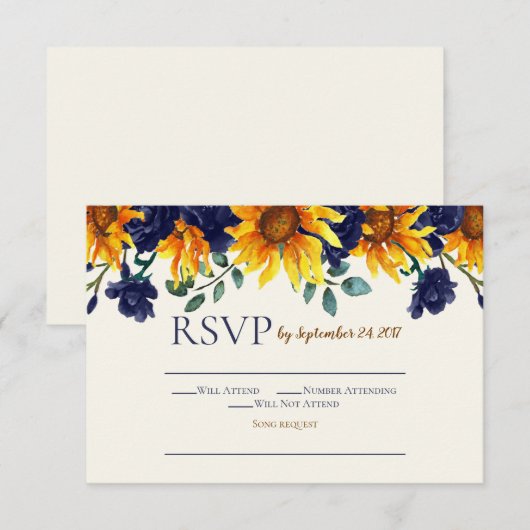 Navy Blue Ivory Rustic Country Sunflower RSVP Kaart (Voorkant / Achterkant)