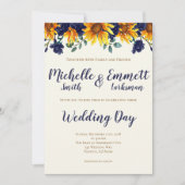 Navy Blue Ivory Rustic Country Sunflower Weddensch Kaart (Voorkant)