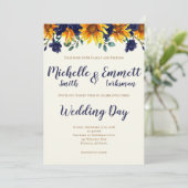 Navy Blue Ivory Rustic Country Sunflower Weddensch Kaart (Staand voorkant)