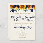 Navy Blue Ivory Rustic Country Sunflower Weddensch Kaart (Voorkant / Achterkant)