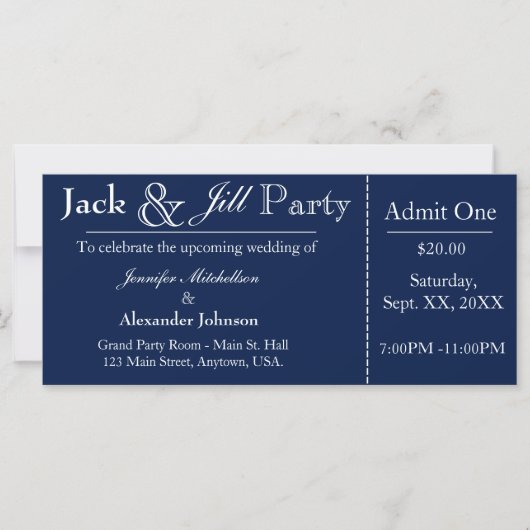 Navy Blue Jack en Jill Shower Ticket Invitation (Voorkant)