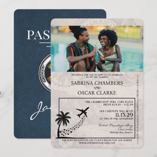 Navy Blue Jamaica Passport Wedding Invitation Kaart (Voorkant / Achterkant)