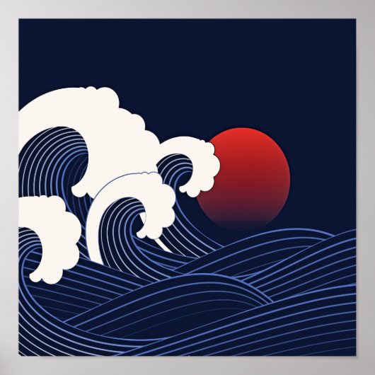 Navy Blue Japanese Waves with Red Moon Drawing Poster (Voorkant)