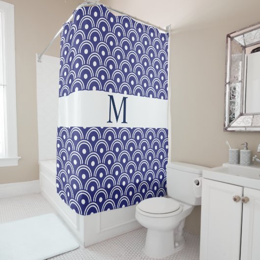 Navy Blue Japans patroonmonogram Douchegordijn (In situ)