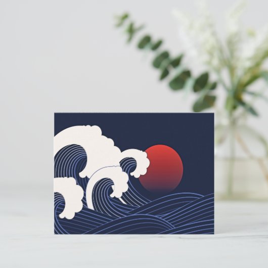 Navy Blue Japanse Golf met Red Moon Teken Briefkaart (Staand voorkant)