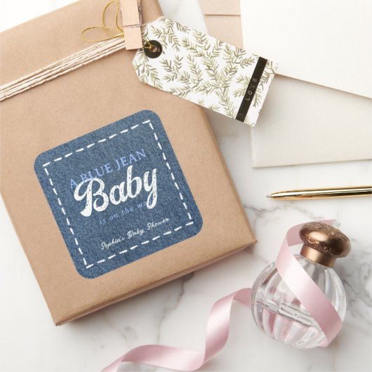 Navy Blue Jean Baby Shower voor Jongens Vierkante Sticker (Geschenken)