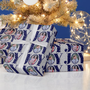 Navy blue JOY en sneeuwvlokken twee foto-kerstdage Cadeaupapier